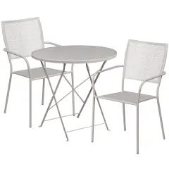 Emma and Oliver Commercial Grade 30" Round Metal Folding Patio Table Set w/ 2 Square Back Chairs Light Gray