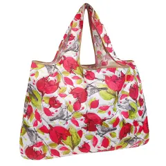 Wrapables Large Foldable Tote Nylon Reusable Grocery Bag Red Floral Gray Bird