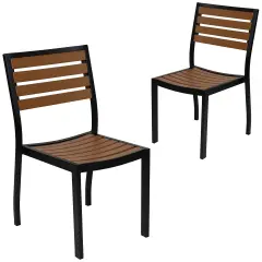 Merrick Lane Kersey Outdoor Side Chairs Poly Faux Wood and Metal Patio and Deck Chairs for All-Weather Use- Set of 2 Teak