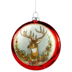 Northlight Glittered Reindeer with Wreath Glass Disc Christmas Ornament - 4"- Red