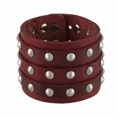 Brown Leather 3 Row Cone Spiked Wristband Wrist Band