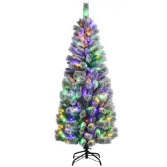 Costway 6FT Pre-Lit Hinged Christmas Tree Snow Flocked w/9 Modes Remote Control Lights