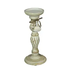 11 Inch Wood Pedestal Candle Holder Rustic White Washed Pillar With Sea Shells