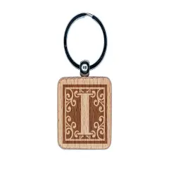Monogram Swirls Capital Letter I Engraved Wood Square Keychain Tag Charm