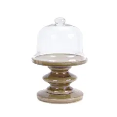 Melrose 13.75" Distressed Finish Ceramic Brown Pedestal with Glass Dome Table Top Decoration
