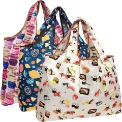 Wrapables Large Foldable Tote Nylon Reusable Grocery Bag, 3 Pack Delicious Foods