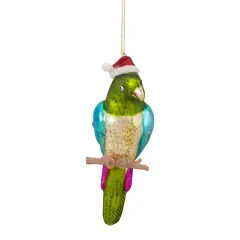 Northlight 6.25" Green and Blue Parrot in a Santa Hat Glass Christmas Ornament