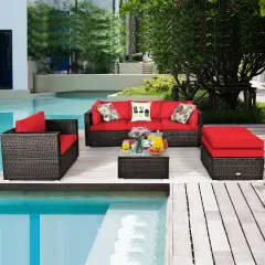 6 Pcs Patio Rattan Furniture Set with Sectional Cushion Red