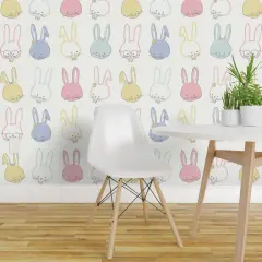 Peel & Stick Wallpaper 2FT Wide Easter Bunnies Pastel Spring Periwinkle Lilac Blue Pink Ivory Garden Hand Drawn Whimsical Rabbits Custom Removable Wallpaper by Spoonflower