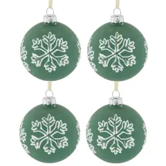 Northlight Glass Christmas Ball Ornaments with Snowflakes - 3" (80mm) - Green and White - 4ct