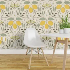 Peel & Stick Wallpaper 2FT Wide Yellow Butterfly Damask Olive Lemon Botanical Italy Pastel Colors Mediterranean Tree Large Scale Citrus Moth Insects Custom Removable Wallpaper by Spoonflower