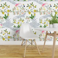 Peel & Stick Wallpaper 2FT Wide Tropical Exotic Birds Whimsical Nature Spoonbill Lemon Dots Coastal Custom Removable Wallpaper by Spoonflower
