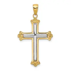 14K Gold Two Tone White Cross In Budded Yellow Cross Frame Pendant Charm Jewelry