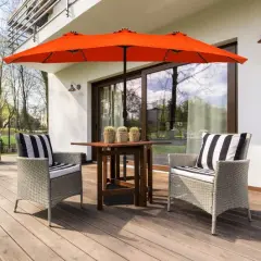 15 Ft Solar Led Patio Double-sided Umbrella Market Umbrella With Weight Base Orange