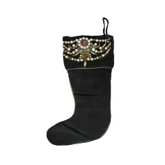 CC Christmas Decor 20" Black and Gold Pearl Beaded Christmas Stocking