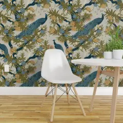Pre-Pasted Wallpaper 2FT Wide Exotic Peacock Floral Cockatiel Tropical Botanical Tree Maximalist Large Scale Birds Custom Pre-pasted Wallpaper by Spoonflower