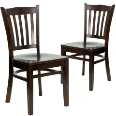 Emma and Oliver 2 Pack Vertical Slat Back Wooden Restaurant Chair WalnutSeat/Walnut