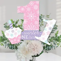 Big Dot of Happiness Pink Snowflakes 1st Birthday - Girl Winter ONEderland Party Centerpiece Sticks - Table Toppers - Set of 15