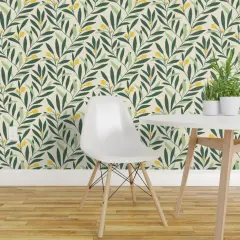 Peel & Stick Wallpaper 2FT Wide Green Yellow Botanical Garden Floral Nature Abstract Olive Medium Scale Custom Removable Wallpaper by Spoonflower