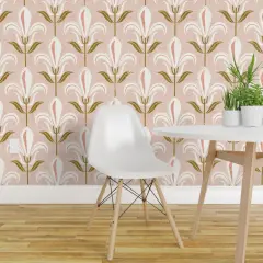 Pre-Pasted Wallpaper 2FT Wide Pink Floral Fleur-De-Lis Lily Retro Flowers White Fresco Large Scale Custom Pre-pasted Wallpaper by Spoonflower