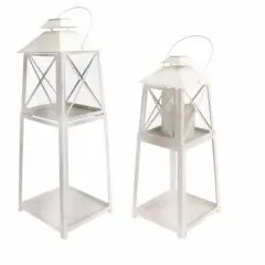 Melrose Set of 2 Cape Cod Wellfleet White Iron and Glass Pillar Candle Lantern Stands