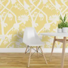 Peel & Stick Wallpaper 2FT Wide Chinoiserie Butter Yellow Cream Floral Flower Silhouette Timeless Grandmillenial Custom Removable Wallpaper by Spoonflower