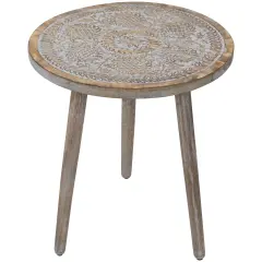 Northlight 21" Antique Gray Engraved Round Tri Leg Wooden Side Table