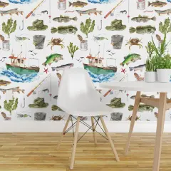 Peel & Stick Wallpaper 2FT Wide Watercolor Adventure Fish Boat Nautical Custom Removable Wallpaper by Spoonflower