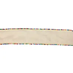 Raz Multi-Color Pom-Pom Wired Craft Ribbon 4" x 10 Yards Beige