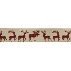 Northlight Beige and Red Plaid Buffalo with Reindeer Christmas Wired Craft Ribbon 2.5" x 16 Yards