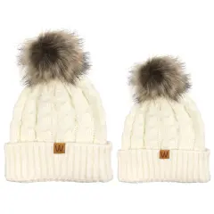 Wrapables Winter Warm Cable Knit Faux Fur Pom Pom Beanie Cream