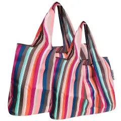 Wrapables Large & Small Foldable Tote Nylon Reusable Grocery Bags, Set of 2 Multi-Color Stripes