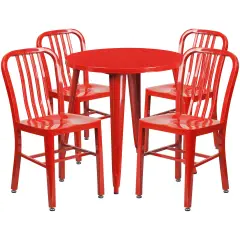 Emma and Oliver Commercial Grade 30" Round Metal Indoor-Outdoor Table Set & 4 Slat Back Chairs Red