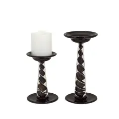 Melrose Set of 2 Dark Elegance Black Swirled Glitter Pillar Candle Holders 9.5" - 13.75"
