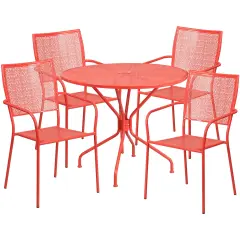 Emma and Oliver Commercial Grade 35.25" Round Metal Garden Patio Table Set, 4 Square Back Chairs Coral