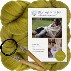 DIY Merino Wool Blanket Knitting Kit: Soft and Thick #7 Weight Jumbo Yarn, Knitting Needles and Pattern. Soft, Cozy, Great for Gifts Moss