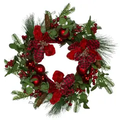 Northlight Magnolia and Red Berries Artificial Christmas Wreath - 22-Inch, Unlit Green