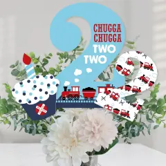 Big Dot of Happiness 2nd Birthday Railroad Party Crossing - Steam Train Second Birthday Party Centerpiece Sticks - Table Toppers - Set of 15