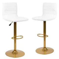 Merrick Lane Set of 2 Contemporary Height Adjustable Swivel Stools with Back and Pedestal Base with Footrest WhiteVinyl/GoldFrame