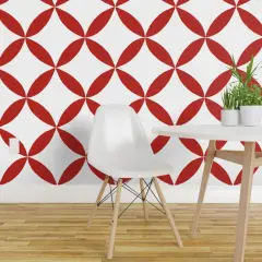 Peel & Stick Wallpaper 2FT Wide Red Geometric Circle White Petals Minimalist Floral Large Scale Mid Mod Four Petal Quilt Scandi Farmhouse Cottagecore Cathedral Window Custom Removable Wallpaper by Spoonflower