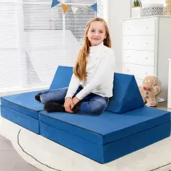 4-Piece Convertible Kids Couch Set with 2 Folding Mats Blue