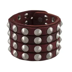 Brown Leather 4 Row Cone Spiked Wristband Wrist Band