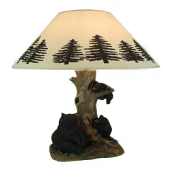 Playful Black Bears Climbing Pine Tree Rustic Table Lamp with Nightlight Base