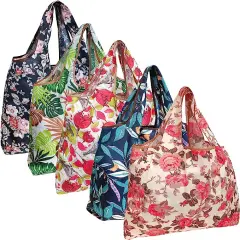 Wrapables Large Foldable Tote Nylon Reusable Grocery Bags, 5 Pack Flowers & Ferns