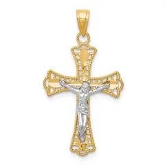 10K Yellow Gold & Rhodium Plated Diamond Cut Crucifix Charm Pendant 30mm x 16mm