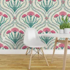 Peel & Stick Wallpaper 2FT Wide Floral Ogee Indian Chintz Green Pink Xl Large Scale Damask Vibrant Classic Custom Removable Wallpaper by Spoonflower