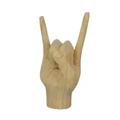 Carved Wooden Rock On Devil Horns Hand Gesture Statue Natural Finish Home Decor