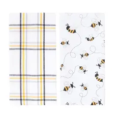 Honey Bee Yellow & Black Plaid Pattern Spring Summer Cotton Kitchen Dishtowels Set of 2