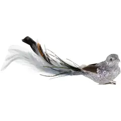 Northlight Glitter Bird with Clip and Feather Tail Christmas Ornament - 8" - Silver