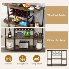 47 Inches Wine Rack Table with Glass Holder and Storage Shelves Rustic Brown